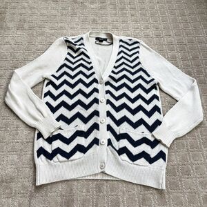 Forever 21 Chevron Cardigan Sweater Women's Large Beige Navy V-Neck Pockets